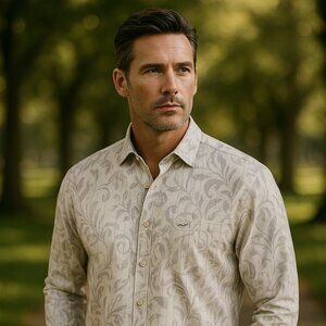 Tommy Bahama Taupe & Grey Leaf Print Long Sleeve Shirt - Size XXL